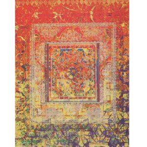 A vibrant, highly detailed rug displaying a complex, distressed medallion pattern in red, gold, and purple.