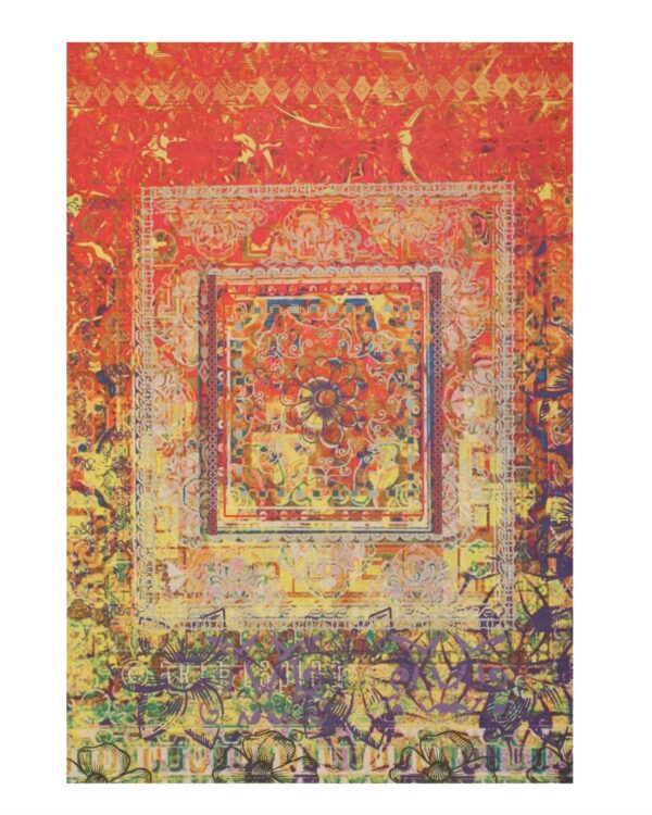 A vibrant, highly detailed rug displaying a complex, distressed medallion pattern in red, gold, and purple.