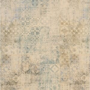 Distressed rug with an antique tile patchwork pattern in cream, faded blue, and olive green.