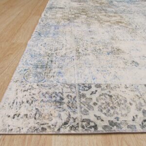 Low-pile rug in cream, faded blue, and gray distressed medallion patterns rests on wood flooring.