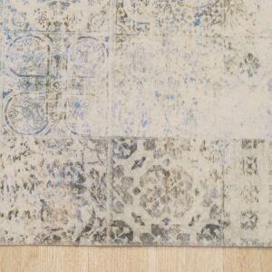 Low-pile rug in faded cream, blue, and grey patchwork patterns on light wood flooring.