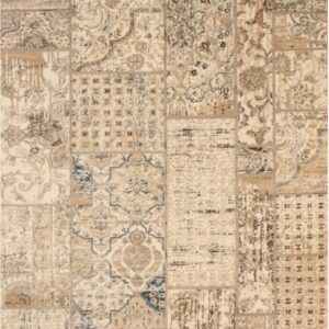 Patchwork rug with distressed traditional patterns featuring cream, tan, brown, and accents of dark blue.