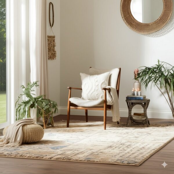 Beige and cream abstract rug on dark wood floor, centered under a light wood armchair and rattan decor.