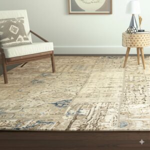 Abstract patchwork rug in beige, brown, and blue colors on dark wood flooring beside a white armchair.