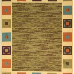 Geometric rug with a variegated green and brown center framed by a beige border of colorful squares.