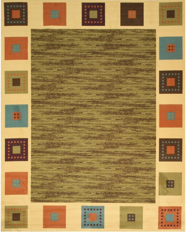 Geometric rug with a variegated green and brown center framed by a beige border of colorful squares.