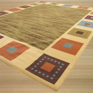 Beige rug with a mottled green center and multicolored geometric square border on wood flooring.