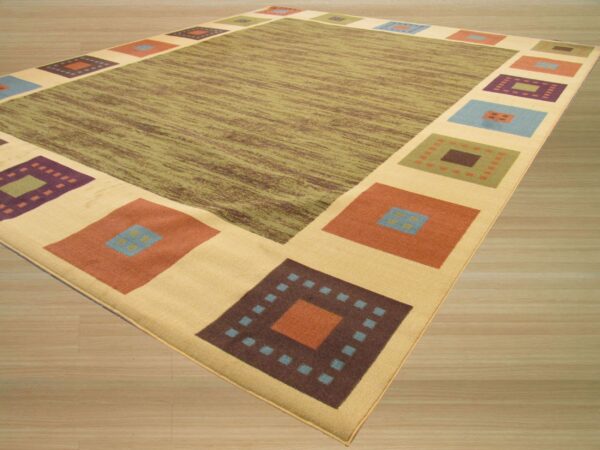Beige rug with a mottled green center and multicolored geometric square border on wood flooring.