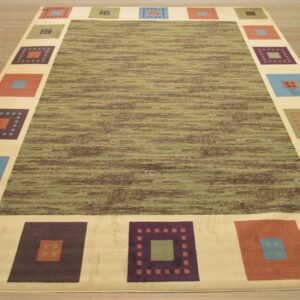 Modern rug featuring a streaky green field and a beige border patterned with multicolored geometric squares.