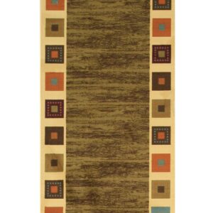 Brown and olive green runner rug with a cream border featuring teal, orange, and maroon geometric squares.