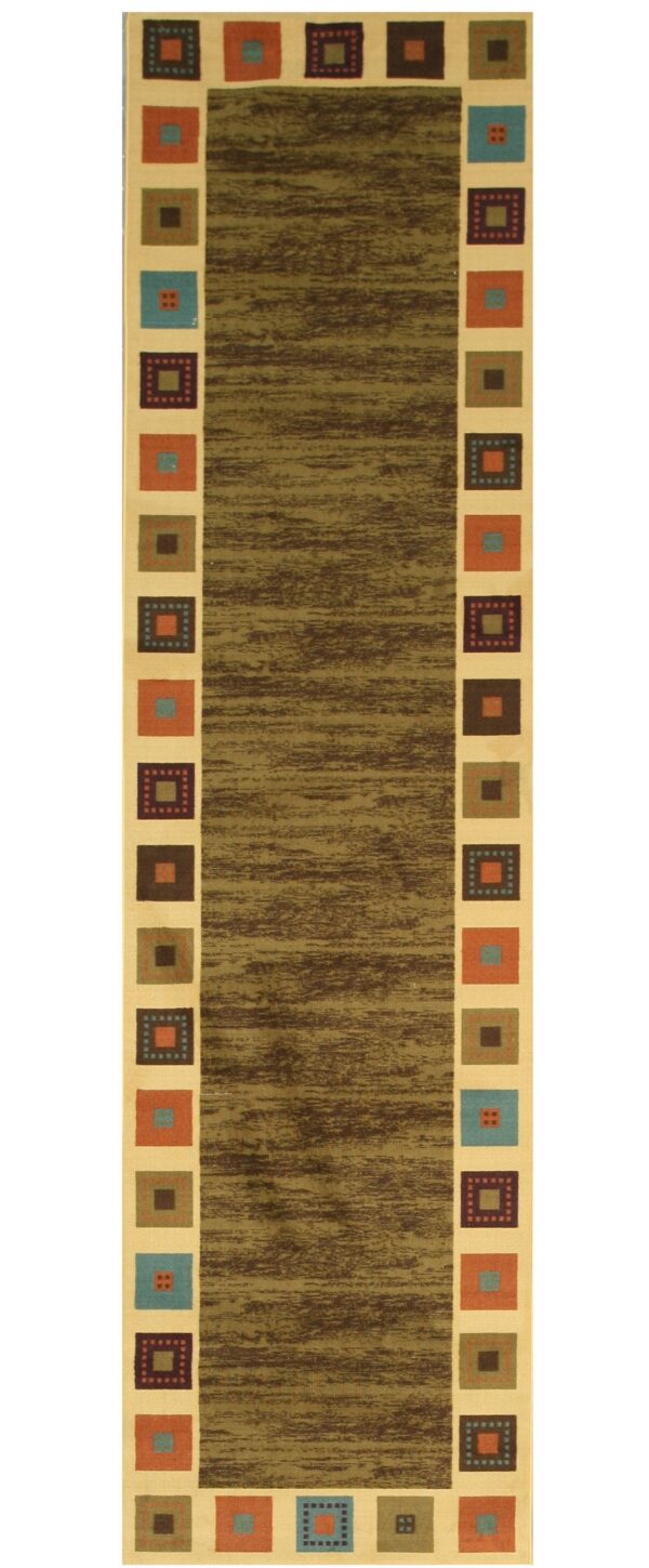 Brown and olive green runner rug with a cream border featuring teal, orange, and maroon geometric squares.