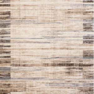 Low pile rug with abstract horizontal stripes in cream, brown, and gray creating a rectangular boundary.