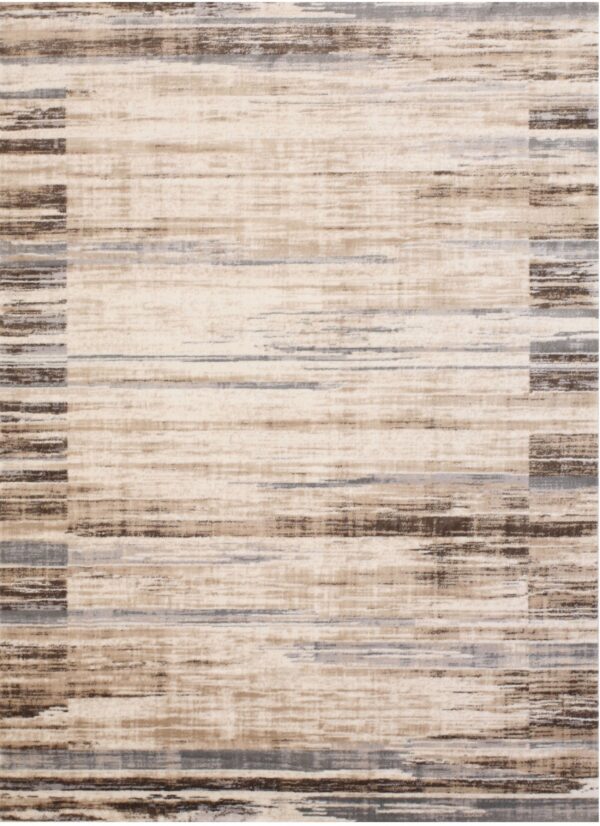 Low pile rug with abstract horizontal stripes in cream, brown, and gray creating a rectangular boundary.