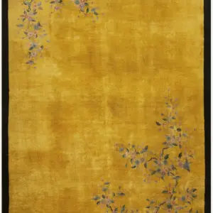 Open Solid Yellow Gold Field Antique Chinese Floral Art Deco Rug by Rugs On Net