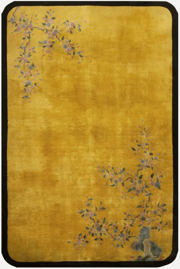 Open solid yellow gold field antique chinese floral art deco rug by rugs on net