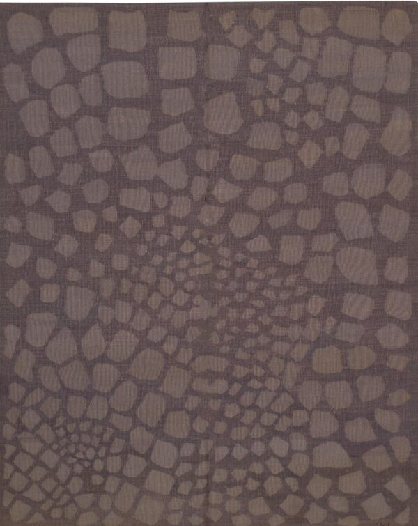 Muted gray-brown rug features an abstract pattern of irregular taupe shapes converging toward the center.