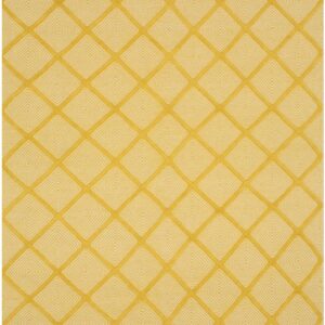 Bright yellow rug featuring a geometric trellis pattern of concentric cream and white diamonds.