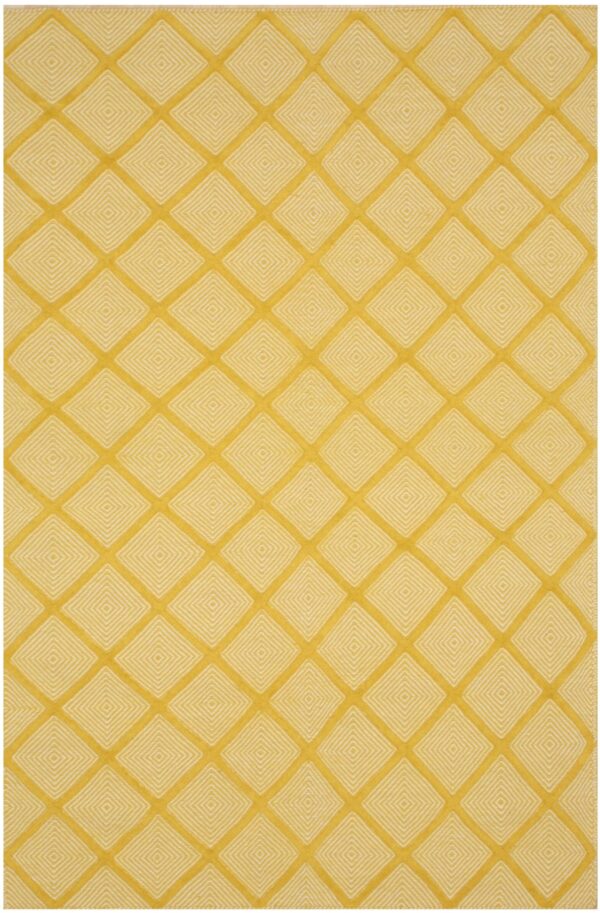 Bright yellow rug featuring a geometric trellis pattern of concentric cream and white diamonds.