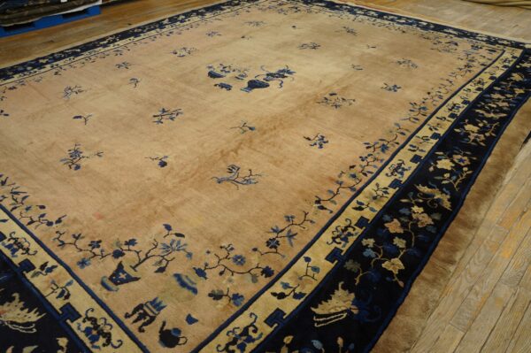 Light tan rug with intricate blue and beige botanical patterns and a wide dark navy border on wooden flooring.