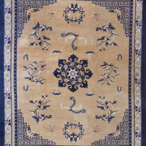 Beige rug featuring a navy blue geometric border, central medallion, and stylized floral vines.