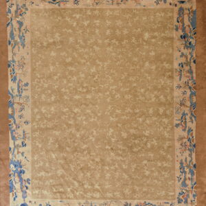 Beige rug with a tone-on-tone vine pattern and a detailed border featuring blue, rust, and tan landscape scenes.