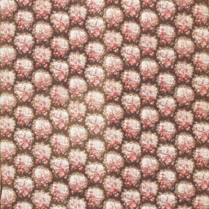 Low pile rug featuring a dark brown ground and repeated pink floral medallions enclosing scenic vignettes.