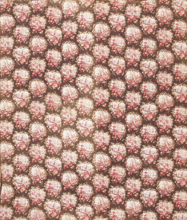 Low pile rug featuring a dark brown ground and repeated pink floral medallions enclosing scenic vignettes.