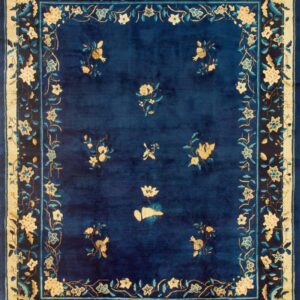 Antique 1920s Wool Floral Blue Hand Knotted Pile Rectangle Rug