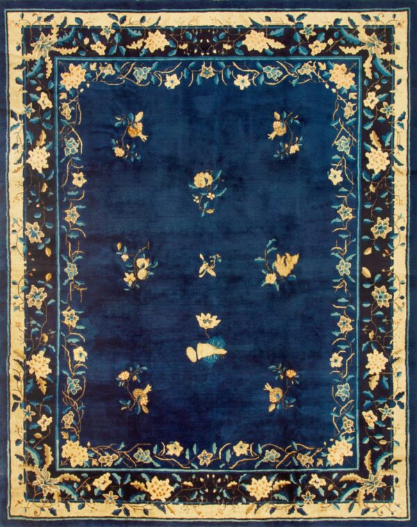 Antique 1920s wool floral blue hand knotted pile rectangle rug