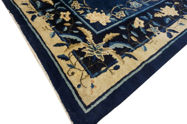 Antique 1920s wool floral blue hand knotted pile rectangle rug - image 4