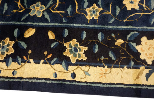 Antique 1920s wool floral blue hand knotted pile rectangle rug - image 5