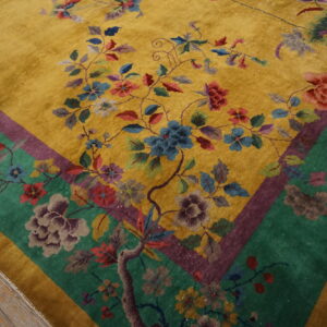 Plush gold rug with colorful floral vines and green border is laid over weathered wood flooring.