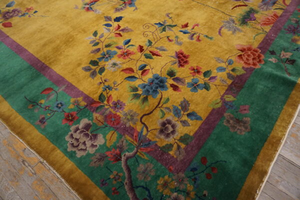 Plush gold rug with colorful floral vines and green border is laid over weathered wood flooring.