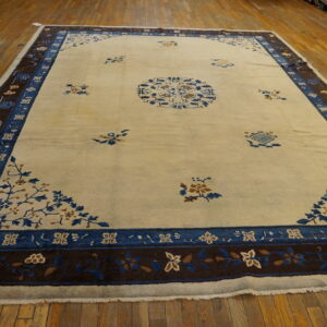 Light-colored rug with ornate blue and brown floral patterns and contrasting wide borders on wood plank flooring.