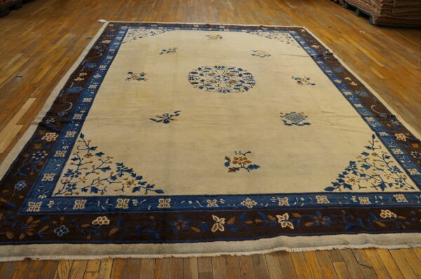 Light-colored rug with ornate blue and brown floral patterns and contrasting wide borders on wood plank flooring.
