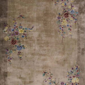 A shimmery taupe rug featuring multicolored naturalistic floral and butterfly motifs along the borders.