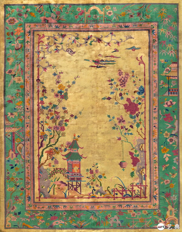 Yellow-gold rug with lush floral patterns, a central pagoda, and a wide variegated emerald green border.