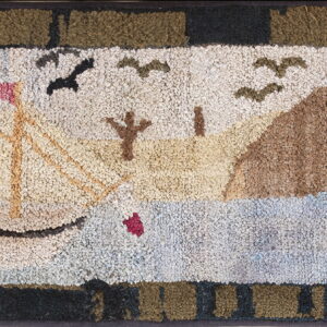 Chunky hooked rug featuring a nautical scene with a sailboat, birds, sand, and water, bordered in dark olive.