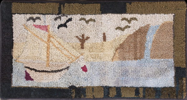 Chunky hooked rug featuring a nautical scene with a sailboat, birds, sand, and water, bordered in dark olive.
