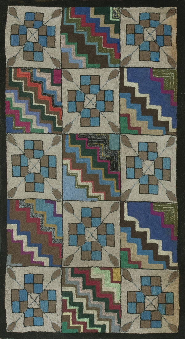 Patchwork hooked rug with alternating squares of multicolored zigzag steps and beige floral checks.