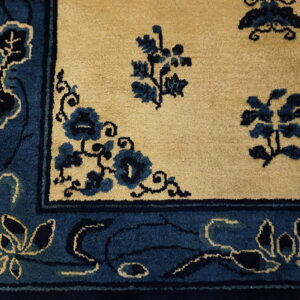 Plush tan rug detail with a wide, dark blue border and scattered matching floral patterns.