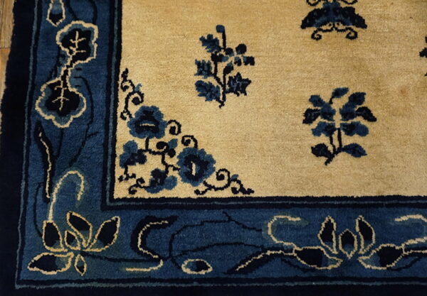 Plush tan rug detail with a wide, dark blue border and scattered matching floral patterns.