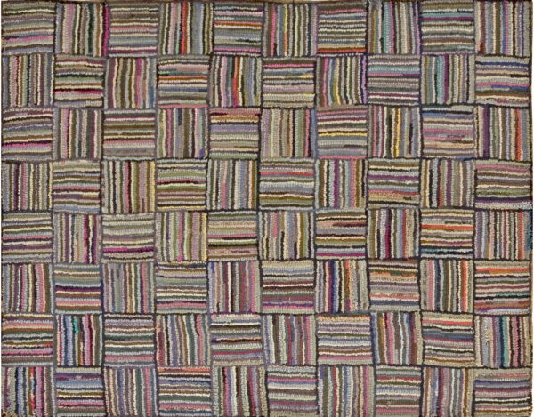 High-texture multicolored rug showing a grid of striped blocks in purple, pink, gray, and green.