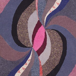 Abstract rug with thick, swirling bands of fuchsia, blue, black, and gray textured medium pile.