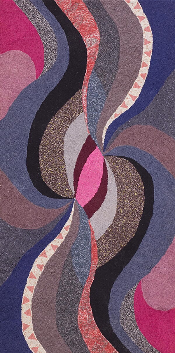 Abstract rug with thick, swirling bands of fuchsia, blue, black, and gray textured medium pile.