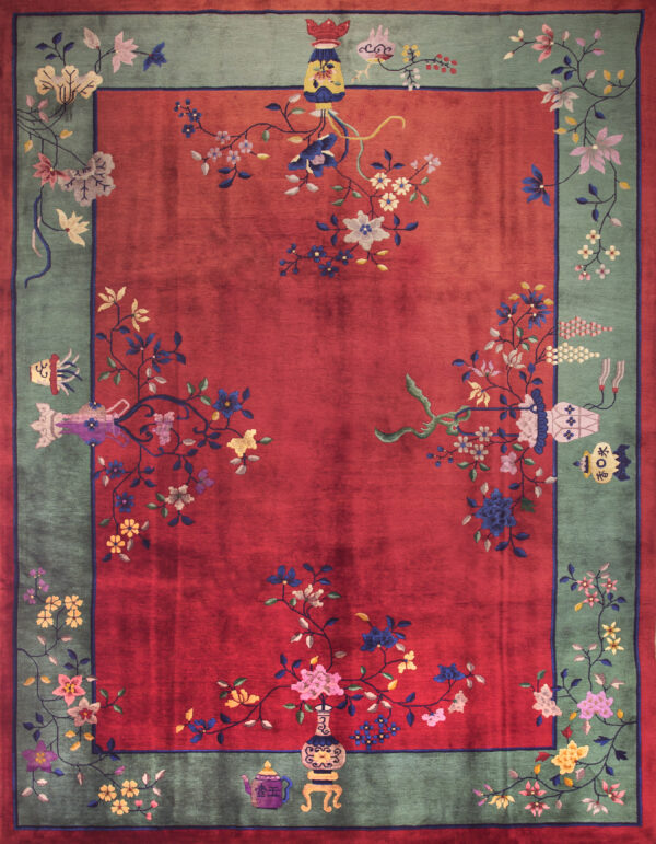 Antique red rectangle chinese - art deco knotted wool room size 1920s rug 1 Antique red rectangle chinese – art deco knotted wool room size 1920s rug
