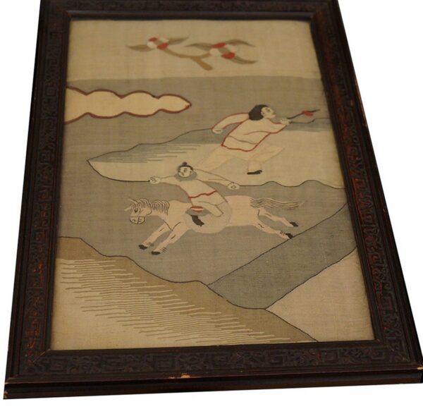 Beige and grey framed rug panel depicting stylized figures and a running white horse in a landscape.