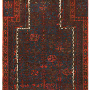 Dark red and blue geometric rug with stepped borders and a prominent central prayer niche design.