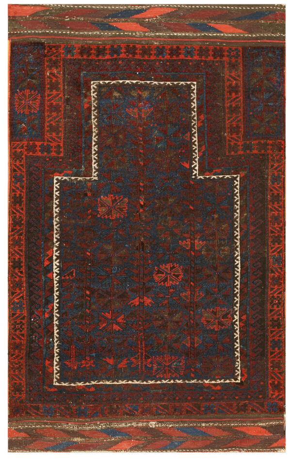 Dark red and blue geometric rug with stepped borders and a prominent central prayer niche design.