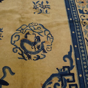 Close view of a tan rug with dark blue dragon, plant motifs, and multicolored floral borders.